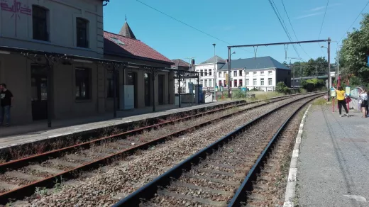 Station Thuin. De NMBS desinvesteert onder meer op de lijn Charleroi-Erquelinnes. Eén spoor al buiten gebruik (zie het onkruid), bovenleiding verwijderd. Foto: LV
