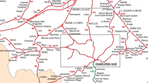 Onderaan links lijken de treinen uit Charleroi en Mons door te rijden tot Maubeuge in Frankrijk... Kaart NMBS