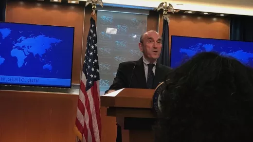 Elliot Abrams tijdens een van zijn persconferenties over Venezuela. Foto: 