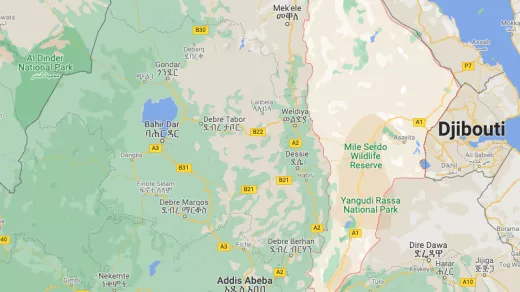 De witte zone is de Ethiopische regio Afar. GoogleMaps
