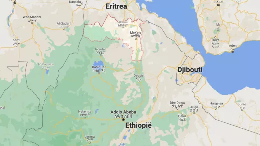 De witte zone is de Ethiopische regio Tigray. GoogleMaps