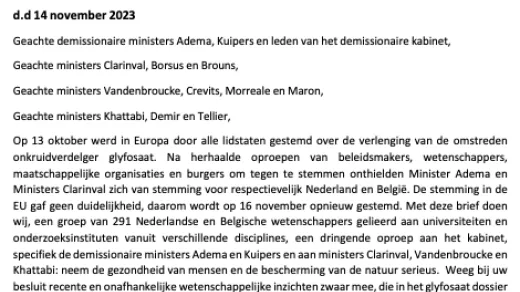 'Neem de onafhankelijke wetenschap serieus bij het besluit over glyfosaat". Eerste alinea van de Open Brief
