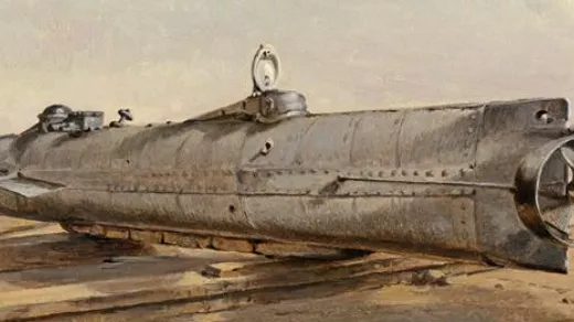 De eerste duikboot ooit werd tijdens de Amerikaanse Burgeroorlog ingezet in 1863. Kijk voor schaal naar de man aan het roer. Schilderij: Conrad Wise Chapman/Public Domain