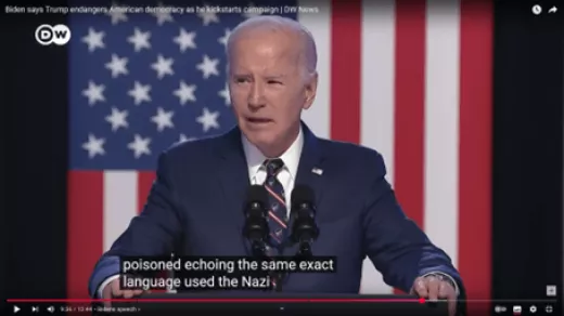 Biden noemde in 2024 het taalgebruik van Trump een exacte echo van de vergiftigde taal uit het naziverleden. Foto: printscreen Deutsche Welle op YouTube.