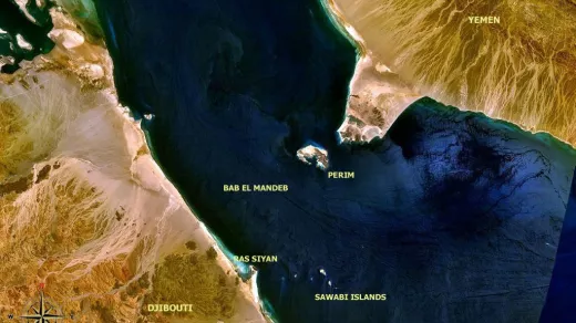 Zee-engte van Bab-el-Mandeb. Foto: WorldWind/Public Domain
