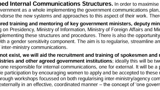 Fragment uit een media-advies om via training van sleutelfiguren en aanstelling van personeel alle uitingen vanuit de overheid communicatief te stoomlijnen opdat de overheid met één mond gaat spreken.