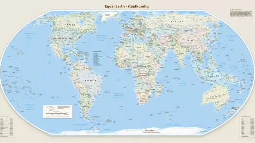 De equal-earth-kaart kaart toont landen en continenten in een juistere verhouding en grootte. Afrika is immers bijna 14 keer groter dan Groenland. Bron: Equal Earth