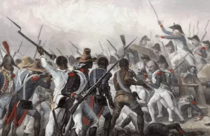 Haïtiaanse revolutionairen o.l.v Dessaline banen zich een weg door de Franse linies van Leclerc. Illustratie door Aguste Raffet, gravure van Hébert