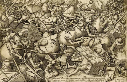 Pieter van der Heyden, naar Pieter Bruegel de Oude (Joannes Galle, uitgever), De strijd tussen de spaarpotten en de geldkoffers, 17de eeuw. (Kopergravure, 23,5 x 30,5 cm.) Bron: NBBmuseum, Nederland.