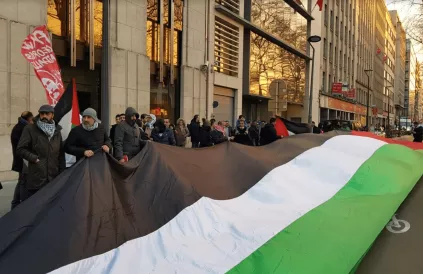 Een eerste protestactie op 29 januari voor de VS-ambassade te Brussel. Het zogenaamde 'vredesplan' is onaanvaardbaar. Foto: Nawal Saadi