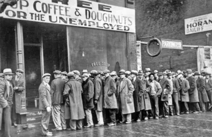 Aanschuiven voor gratis koffie en een donut tijdens de Grote Depressie.