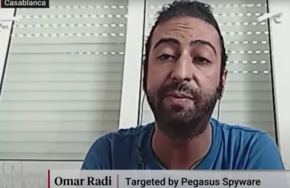 Omar Radi op 16 juli 2020 in gesprek met Amy Goodman. Foto: screenshot www.democracynow.org