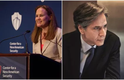 Defensie-adviseur Michèle Flournoy en minister van buitenlandse zaken Anthony Blinken zijn voorstanders van alle aanvalsoorlogen sinds Bill Clinton. Foto: thegrayzone.com