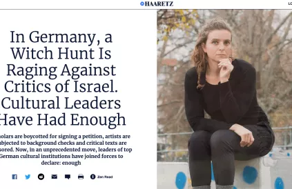 Haaretz: "Er raast een heksenjacht door Duitsland tegen critici van Israël." Deze krant schrijft wat Europese mainstream media niet langer aandurven. Foto: screenshot haaretz.com