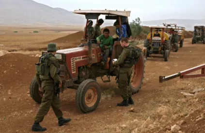 Soldaten van het Israëlisch bezettingsleger controleren de papieren van Palestijnse boeren op de Westelijke Jordaanoever. Foto: Keren Manon/activvestills.org