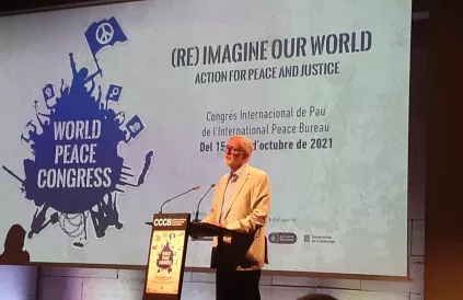 Jeremy Corbyn tijdens de International Peace Conference in Barcelona. Foto: Ludo De Brabander