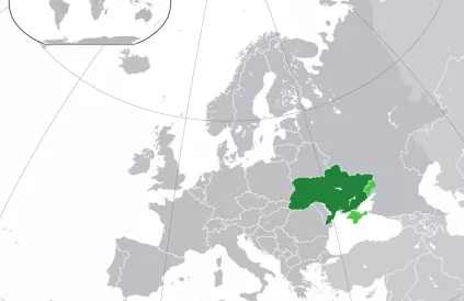 Oekraïne is dichterbij dan we denken. Lichtgroen: de Krim en de Donbass. Map: Vitaliyf261/CC BY SA 4:0