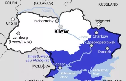 De etnisch Russische Oekraieners leven in het blauwe gedeelte. Map: Brent Henschel/GNU Free  Licence