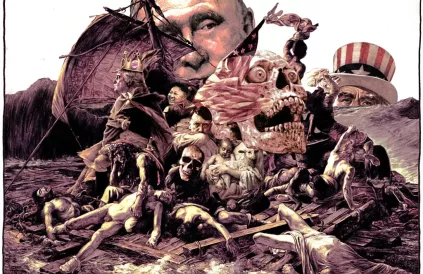 Raft of Doom (vlot der verdoemenis). Illustratie Dr. Fish
