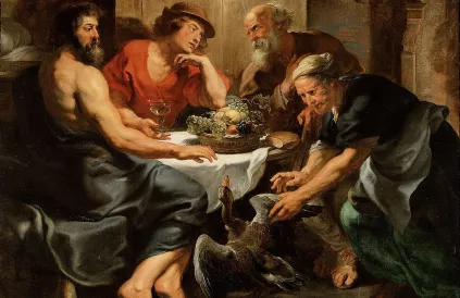 Jupiter en Mercurius testen de gastvrijheid van een dorp. Schilderij Studio Rubens/Public Domain