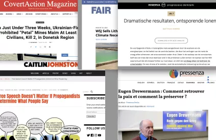 Screenshot minervadenktank.be, fair.org, caitlinjohnstone.com, pressenza.com, covertactionmagazine.com