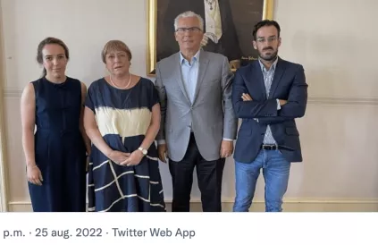 Stella Morris (l), Michelle Bachelet, Baltasar Garzón en Aitor Martínez in het VN-hoofdkwartier in Genève. Foto: dontextraditeassange.com