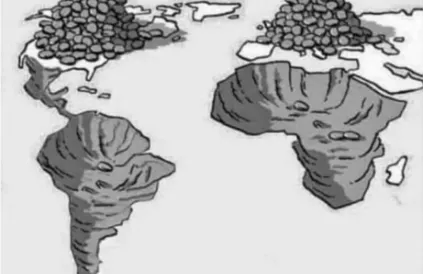 De grondstoffen van het zuiden leegroven en tegelijkertijd het zuiden zijn armoede verwijten... De wereldeconomie in één tekening samengevat. Auteur onbekend.