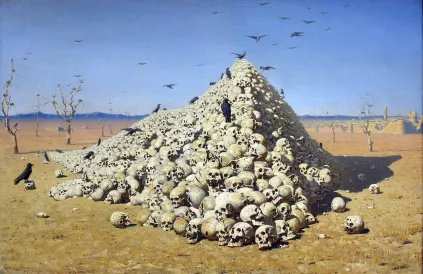 De Apotheose van Oorlog. Schilderij Vasily Vereshchagin (1871). Public Domain