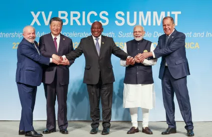 PM in a family photograph during the BRICS Leaders Retreat Meeting, at Johannesburg, in South Africa on August 23, 2023.