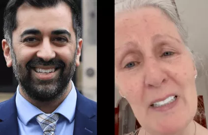 Links: Humza Yousaf. Foto: Scottish Government, Wikipedia / CC BY 2.0 DEED. Rechts: Schoonmoeder van Humza Yousaf. Beeld: Screenshot video X-kanaal @HumzaYousaf.