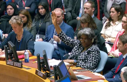 De VS ambassadeur Linda Thomas Greenfield tijdens de bijeenkomst van de VN-Veiligheidsraad op 18 oktober 2023. Foto: UN News 