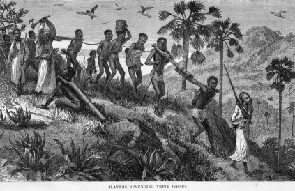 Aanvoer nieuwe slaven, wie niet kan volgen wordt afgemaakt (1866). Public Domain