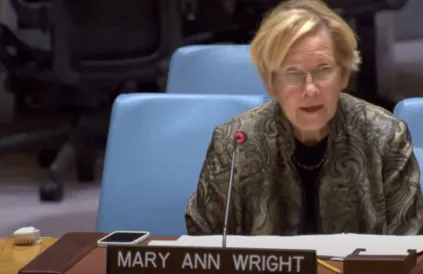 Ann Wright op de VN-Veiligheidsraad 11 december 2023. Foto: YouTube CodePink