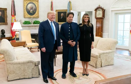 President Donald J. Trump and First Lady Melania Trump greet the Prime Minister of the Islamic Republic of Pakistan Imran Khan Monday, July 22, 2019, in the Oval Office of the White House. (Official White House Photo by Andrea Hanks)