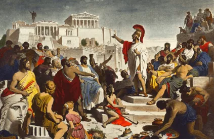 Perikles spreekt de volksvergadering van Athene toe, het oervoorbeeld van democratisch bestuur. Schilderij Philipp von Foltz (1877)/Public Domain
