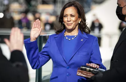 U.S. Vice President Kamala Harris takes the Oath of Office on the platform of the U.S. Capitol during the 59th Presidential Inauguration in Washington D.C., Jan. 20, 2021. Military personnel assigned to Joint Task Force - National Capital Region provided 
