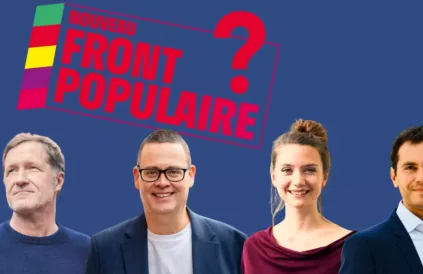 Naar een Front populaire in Franstalig België ? Paul Magnette, Raoul Hedebouw, Marie Lecocq en Samuel Cogolati. (Fotomontage: Revue Politique)