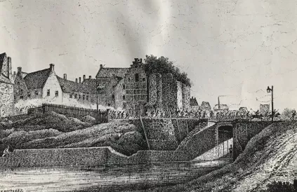 Het Hollands leger vlucht via de Vlaamse Poort (1830). Illustratie L. Van Neck