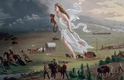Iconisch schilderij (1872) “Spirit of the Frontier” over Manifest Destiny, het geloof in imperialisme. Columbia, genoemd naar de ‘ontdekker’ van Amerika en gehuld in een romeins gewaad, voert kolonisten aan die westwaarts trekken en de inheemse Am