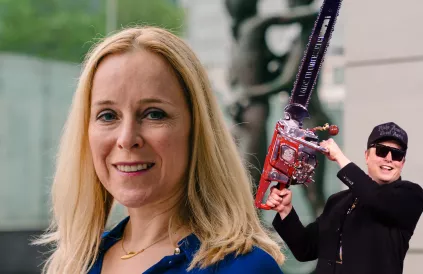 Eva De Bleeker en Elon Musk. De kettingzaag symboliseert de drastische besparingen op de ambtenarij. Foto: Gage Skidmore, Wikimedia Commons / CC BY-SA 2.0 & Nick Decombel, Wikimedia Commons / CC-BY-SA 4.0