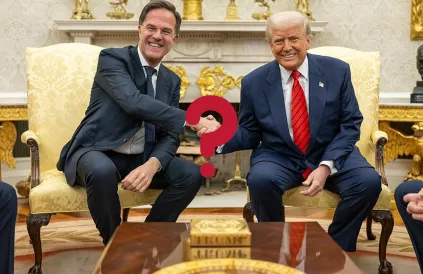 NAVO-baas Mark Rutte en president Trump. Foto: The White House & Twemoji via Canva Teams 