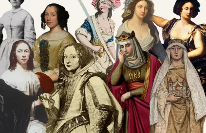 Onder andere afgebeeld: Koningin Brunhilde, Judith van Vlaanderen, Charlotte Corday, Artemisia Gentileschi. Alles: Public Domain, Wikimedia Commons. 