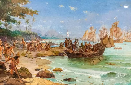Welwillende Europeanen 'ontdekken' Brazilië. Schilderij: Public Domain