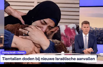 is het niet 'Tientallen doden DOOR Israëlische aanvallen'? Screenshot VRTNWS