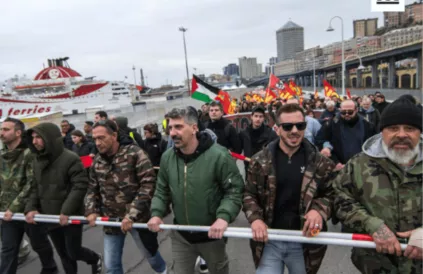 Italiaanse dokwerkers in protestactie in 2023. Foto: via Instagram