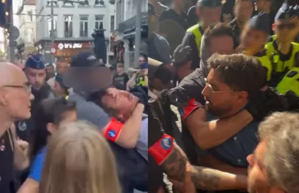 Arrestaties van Stef Arends (links) en Aimen Horch (rechts). Beeld: Antwerpse Coalitie voor Palestina