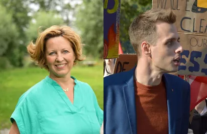Mieke Schauvliege (links). Foto: Groen. Jos D'Haese (rechts). Foto: DimiTalen, Public Domain
