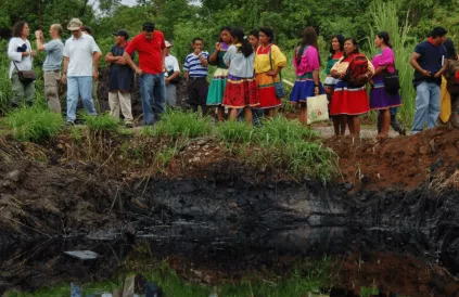 Lokale bewoners staan rond een door oliesmurrie vervuilde vijver in hun dorp in Ecuador. Foto: texacotoxico.net
