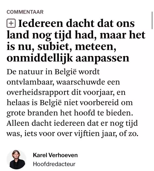 Screenshot uit De Standaard opinie Karel Verhoeven (16 augustus 2026)