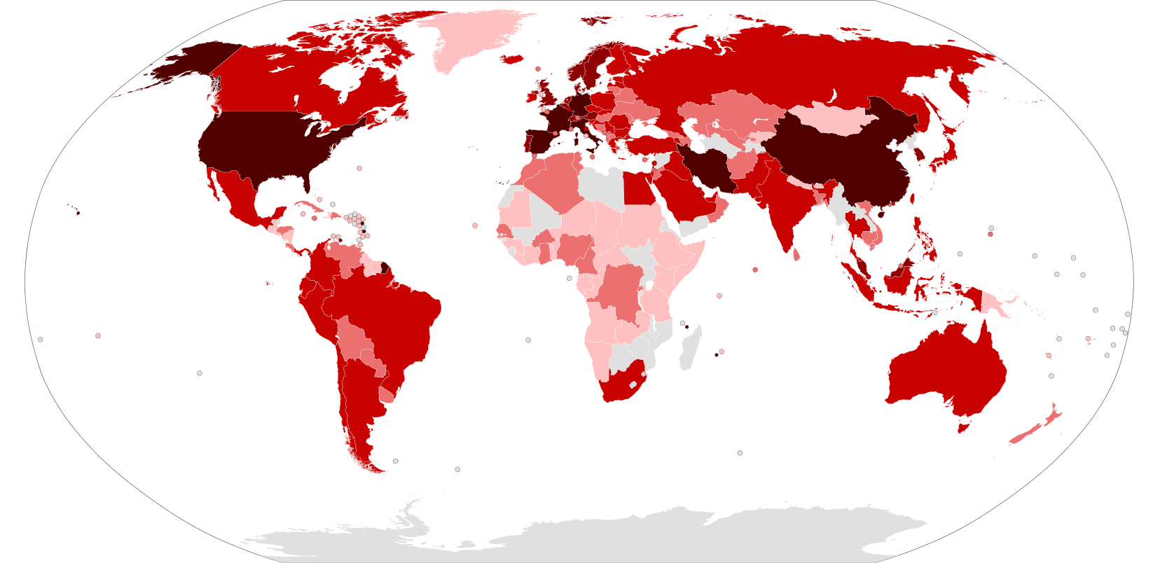 Kaart van verspreiding van coronavirus over de wereld op 19 maart.